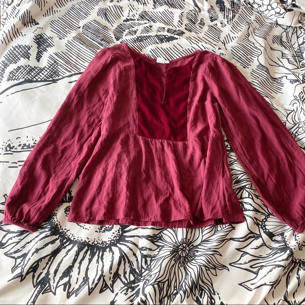 Linen Maroon Holiday Blouse Gap XS Long Sleeved